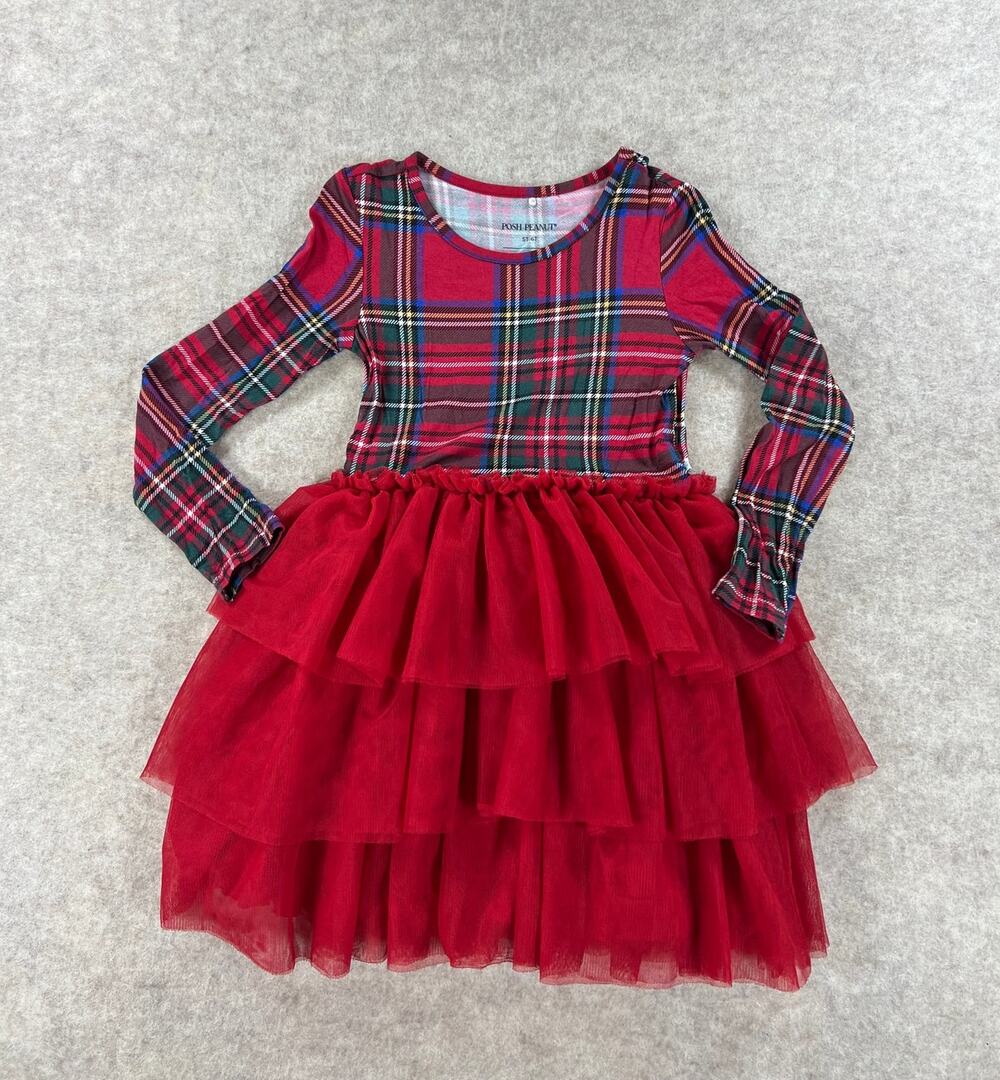 Posh Peanut Red Tartan Plaid Bamboo Tulle Dress Girls Size 5/6